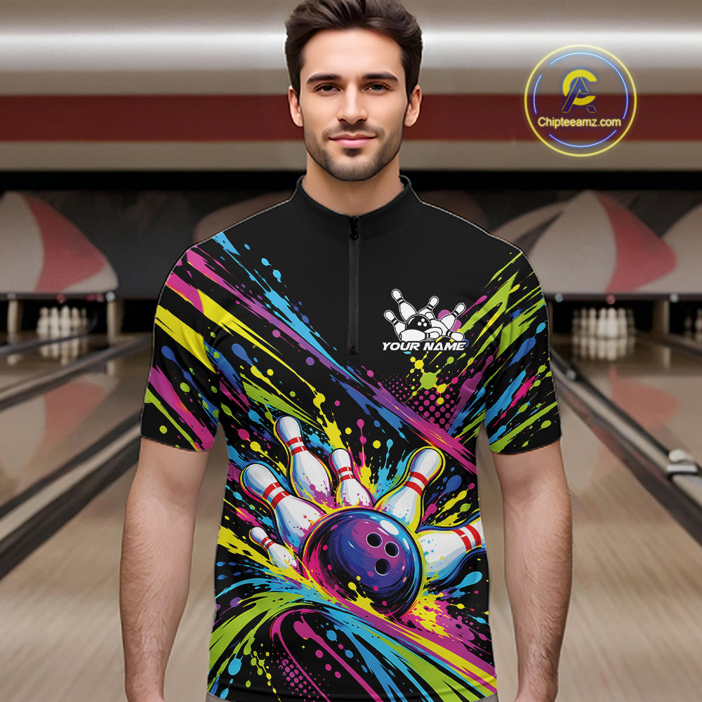 Custom Colorful Splatter Bowling Team Quarter Zip Shirt For Men, Bowling Tournament Jersey IPHW12401