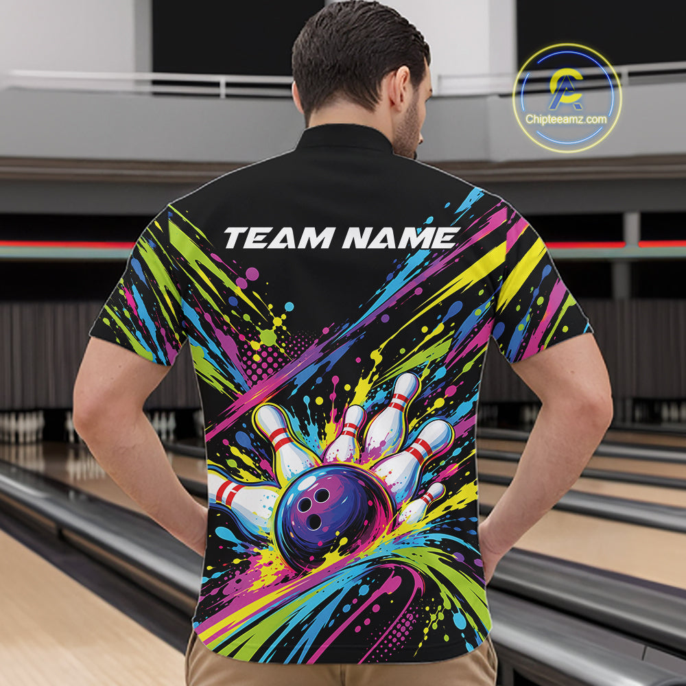 Custom Colorful Splatter Bowling Team Quarter Zip Shirt For Men, Bowling Tournament Jersey IPHW12401