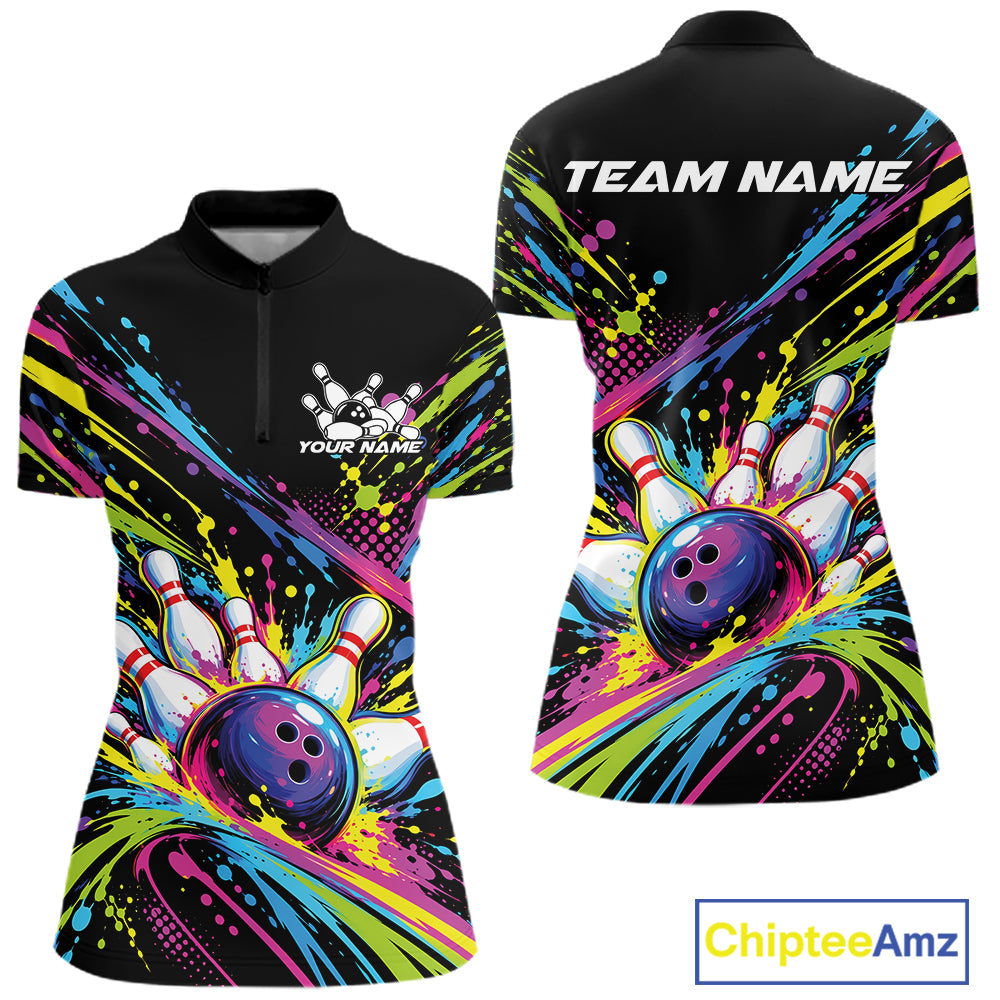 Custom Colorful Splatter Bowling Team Quarter-Zip Shirt Women, Bowling Tournament Jersey IPHW12401