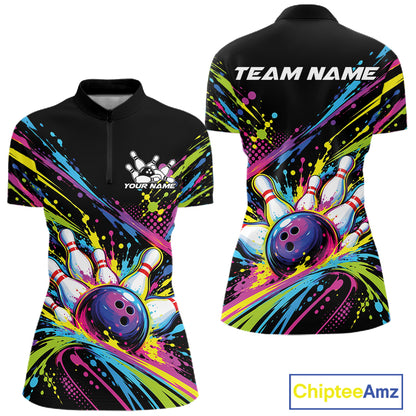 Custom Colorful Splatter Bowling Team Quarter-Zip Shirt Women, Bowling Tournament Jersey IPHW12401