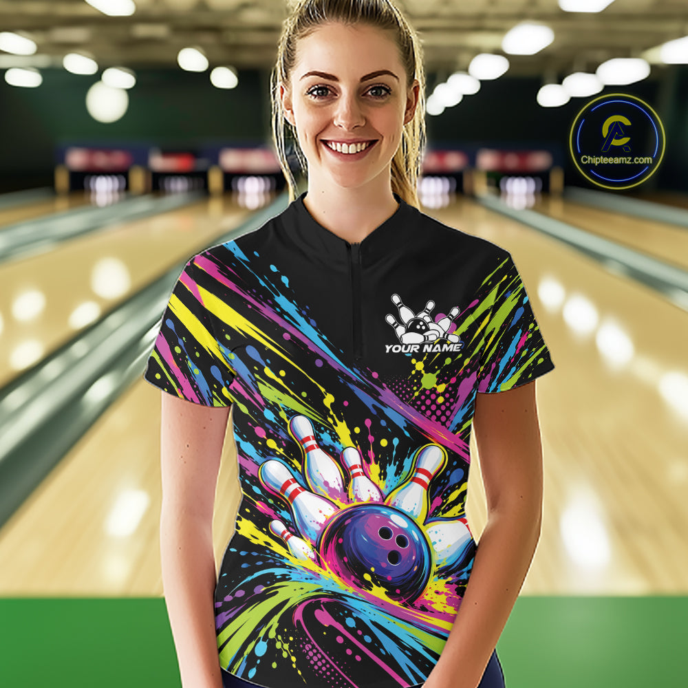 Custom Colorful Splatter Bowling Team Quarter-Zip Shirt Women, Bowling Tournament Jersey IPHW12401