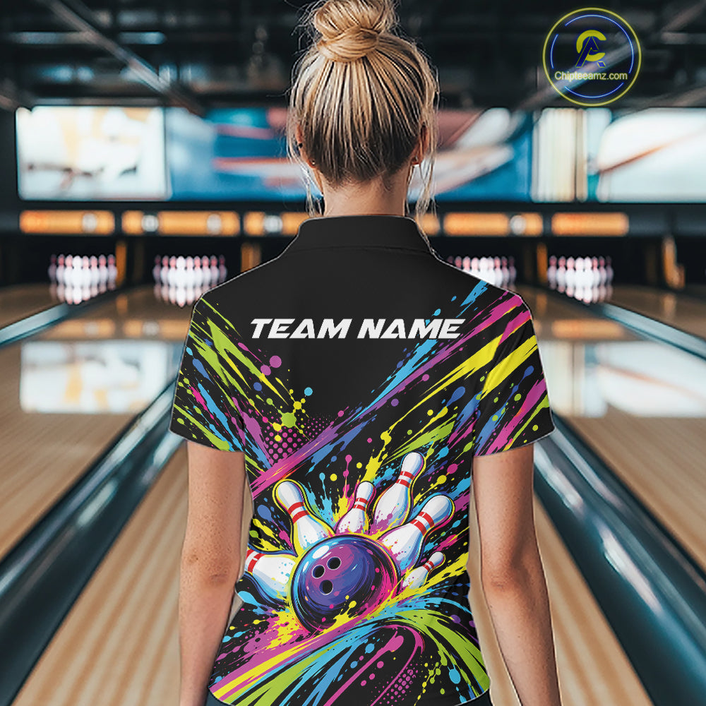 Custom Colorful Splatter Bowling Team Quarter-Zip Shirt Women, Bowling Tournament Jersey IPHW12401