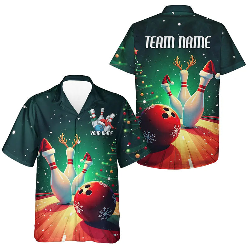 Custom Christmas Bowling Men And Women Hawaiian Shirt, Christmas Bowling Team Tournament Outfits IPHW7841