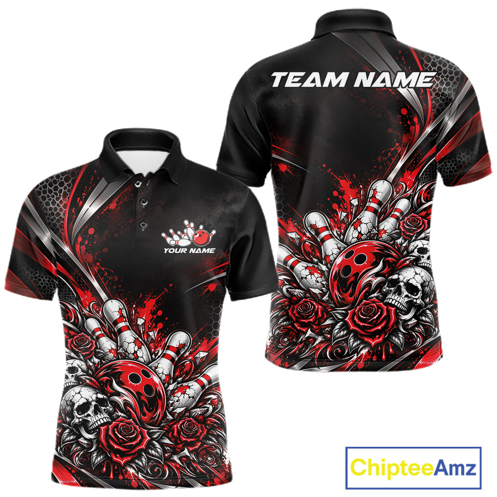Custom Black And Red Skull Roses Bowling Team Men Polo Shirt, Bowling League Jersey IPHW12848