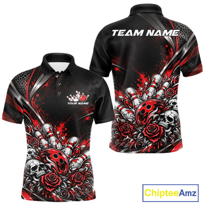Custom Black And Red Skull Roses Bowling Team Men Polo Shirt, Bowling League Jersey IPHW12848