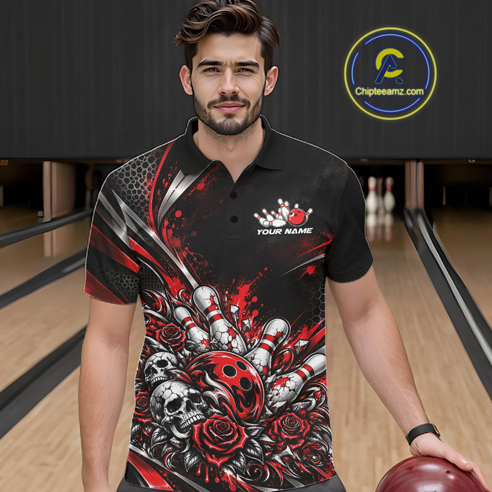 Custom Black And Red Skull Roses Bowling Team Men Polo Shirt, Bowling League Jersey IPHW12848