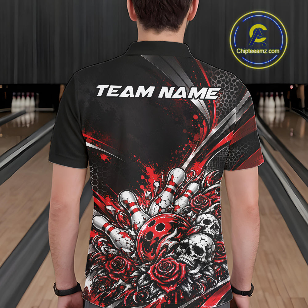 Custom Black And Red Skull Roses Bowling Team Men Polo Shirt, Bowling League Jersey IPHW12848