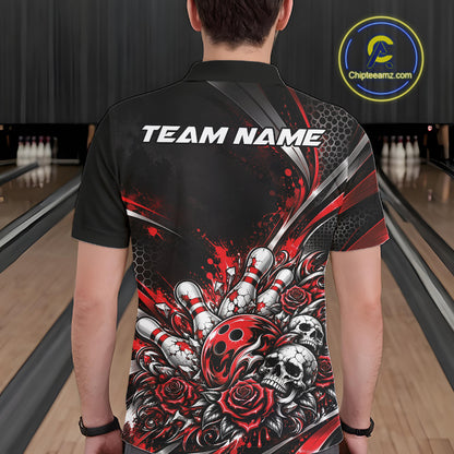 Custom Black And Red Skull Roses Bowling Team Men Polo Shirt, Bowling League Jersey IPHW12848