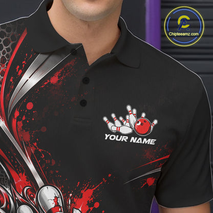 Custom Black And Red Skull Roses Bowling Team Men Polo Shirt, Bowling League Jersey IPHW12848