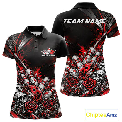 Custom Black And Red Skull Roses Bowling Team Women Polo Shirt, Bowling League Jersey IPHW12848