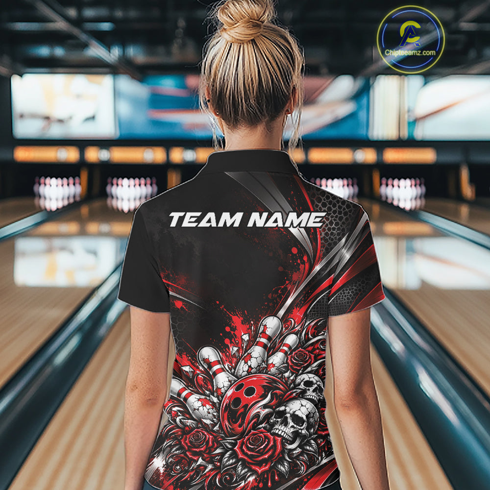 Custom Black And Red Skull Roses Bowling Team Women Polo Shirt, Bowling League Jersey IPHW12848