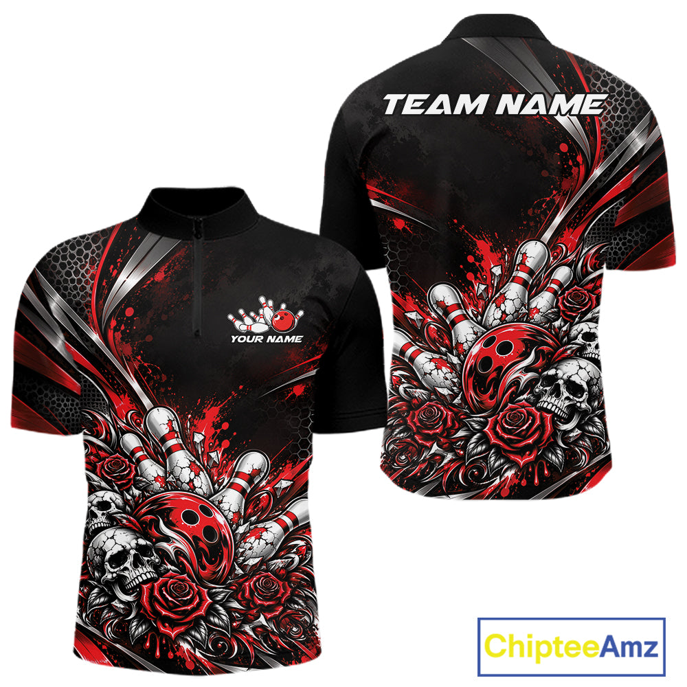 Custom Black And Red Skull Roses Bowling Team Men Quarter Zip Shirt, Bowling League Jersey IPHW12848