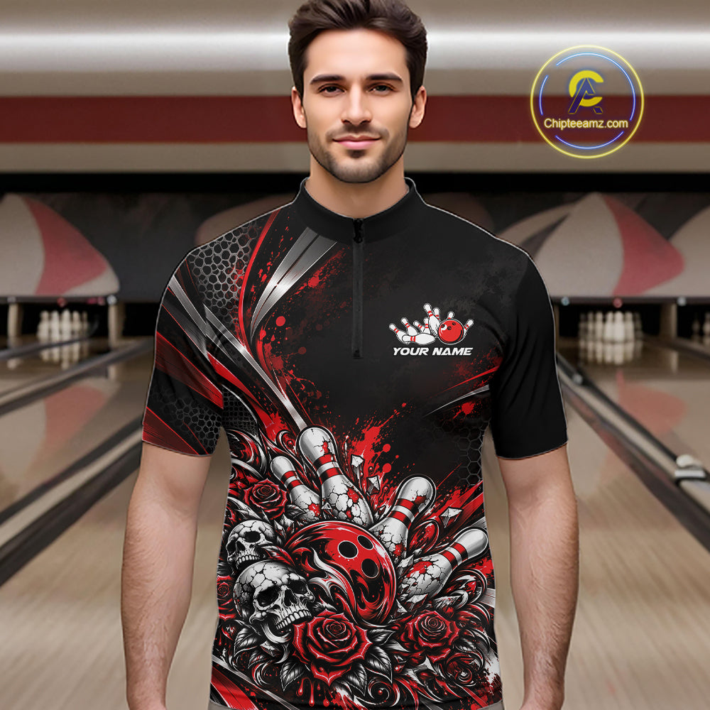 Custom Black And Red Skull Roses Bowling Team Men Quarter Zip Shirt, Bowling League Jersey IPHW12848