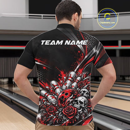 Custom Black And Red Skull Roses Bowling Team Men Quarter Zip Shirt, Bowling League Jersey IPHW12848