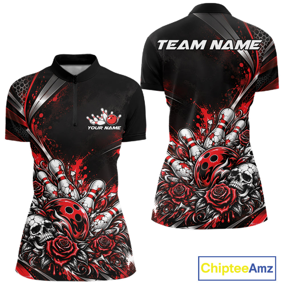 Custom Black And Red Skull Roses Bowling Team Women Quarter-Zip Shirt, Bowling Jersey IPHW12848