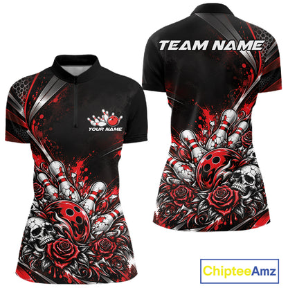Custom Black And Red Skull Roses Bowling Team Women Quarter-Zip Shirt, Bowling Jersey IPHW12848