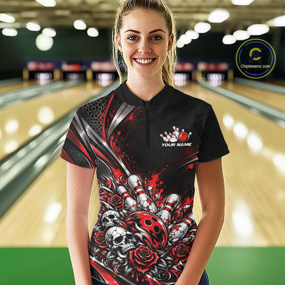 Custom Black And Red Skull Roses Bowling Team Women Quarter-Zip Shirt, Bowling Jersey IPHW12848