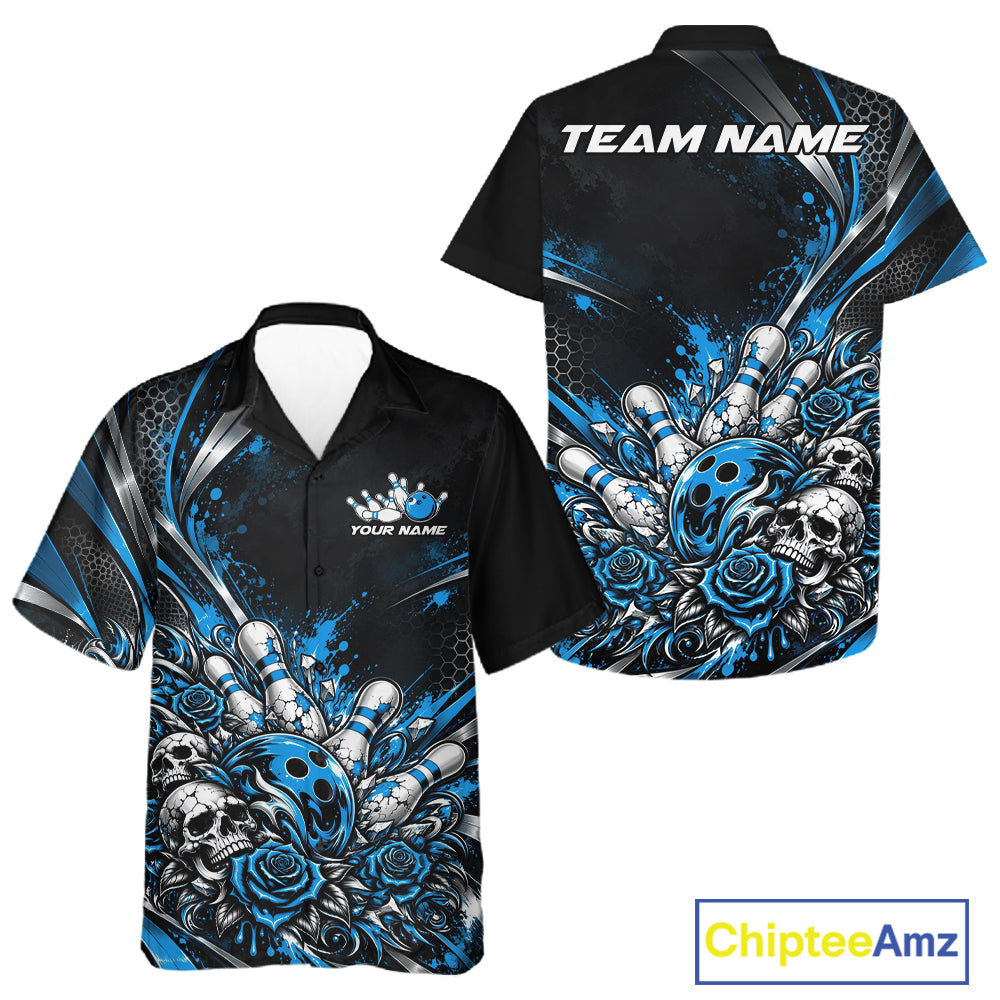 Custom Black Blue Skull And Roses Bowling Team Men And Women Button Up Shirt, Bowling League Jersey IPHW12849