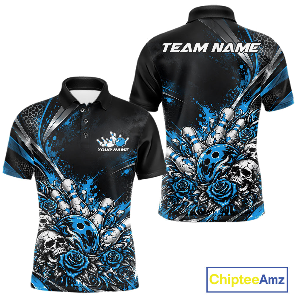 Custom Black Blue Skull And Roses Bowling Team Men Polo Shirt, Bowling League Jersey IPHW12849