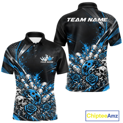 Custom Black Blue Skull And Roses Bowling Team Men Polo Shirt, Bowling League Jersey IPHW12849