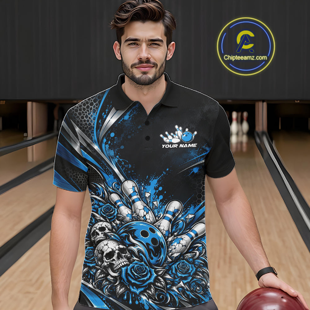 Custom Black Blue Skull And Roses Bowling Team Men Polo Shirt, Bowling League Jersey IPHW12849