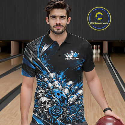 Custom Black Blue Skull And Roses Bowling Team Men Polo Shirt, Bowling League Jersey IPHW12849