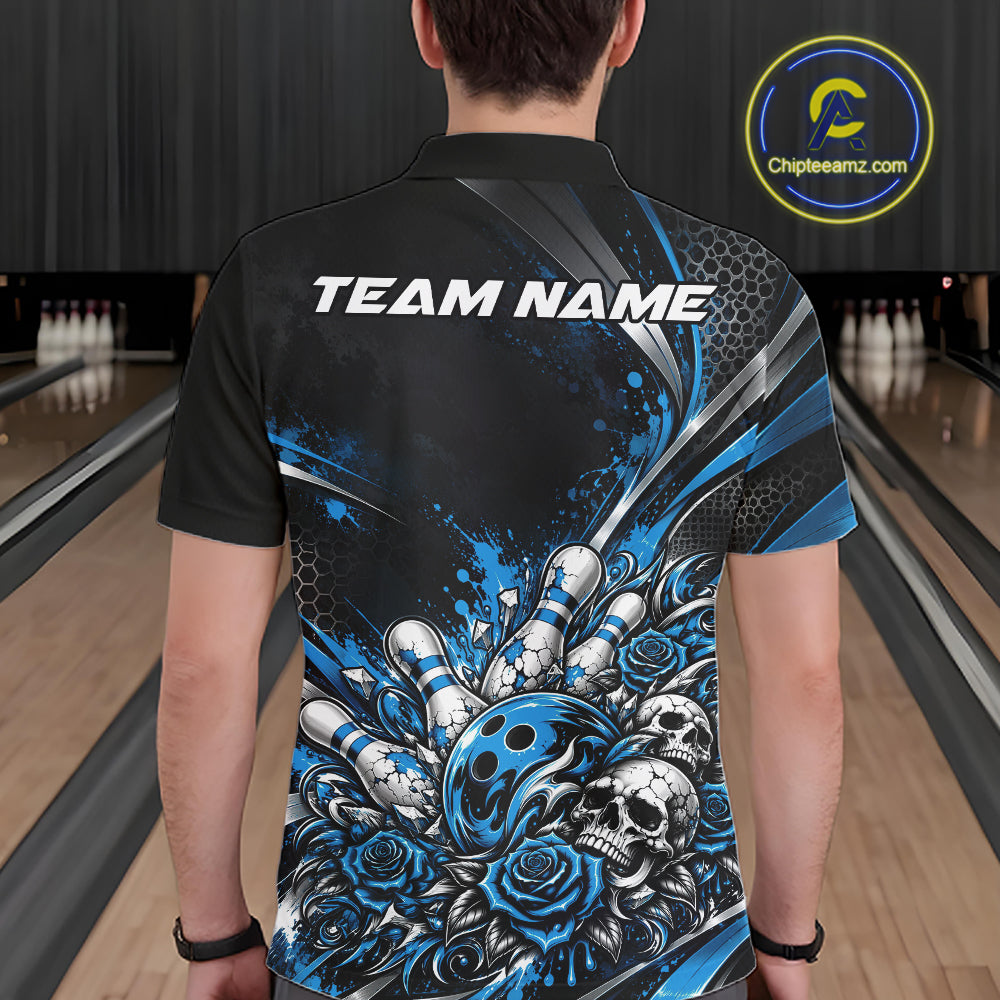 Custom Black Blue Skull And Roses Bowling Team Men Polo Shirt, Bowling League Jersey IPHW12849