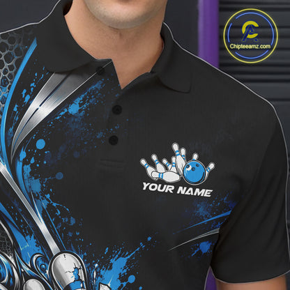 Custom Black Blue Skull And Roses Bowling Team Men Polo Shirt, Bowling League Jersey IPHW12849