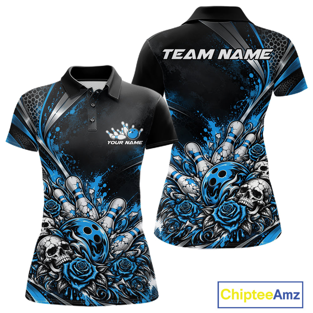 Custom Black Blue Skull And Roses Bowling Team Women Polo Shirt, Bowling League Jersey IPHW12849