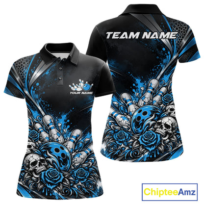 Custom Black Blue Skull And Roses Bowling Team Women Polo Shirt, Bowling League Jersey IPHW12849