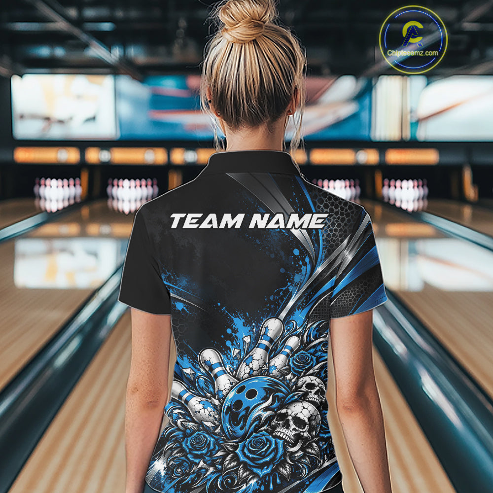 Custom Black Blue Skull And Roses Bowling Team Women Polo Shirt, Bowling League Jersey IPHW12849
