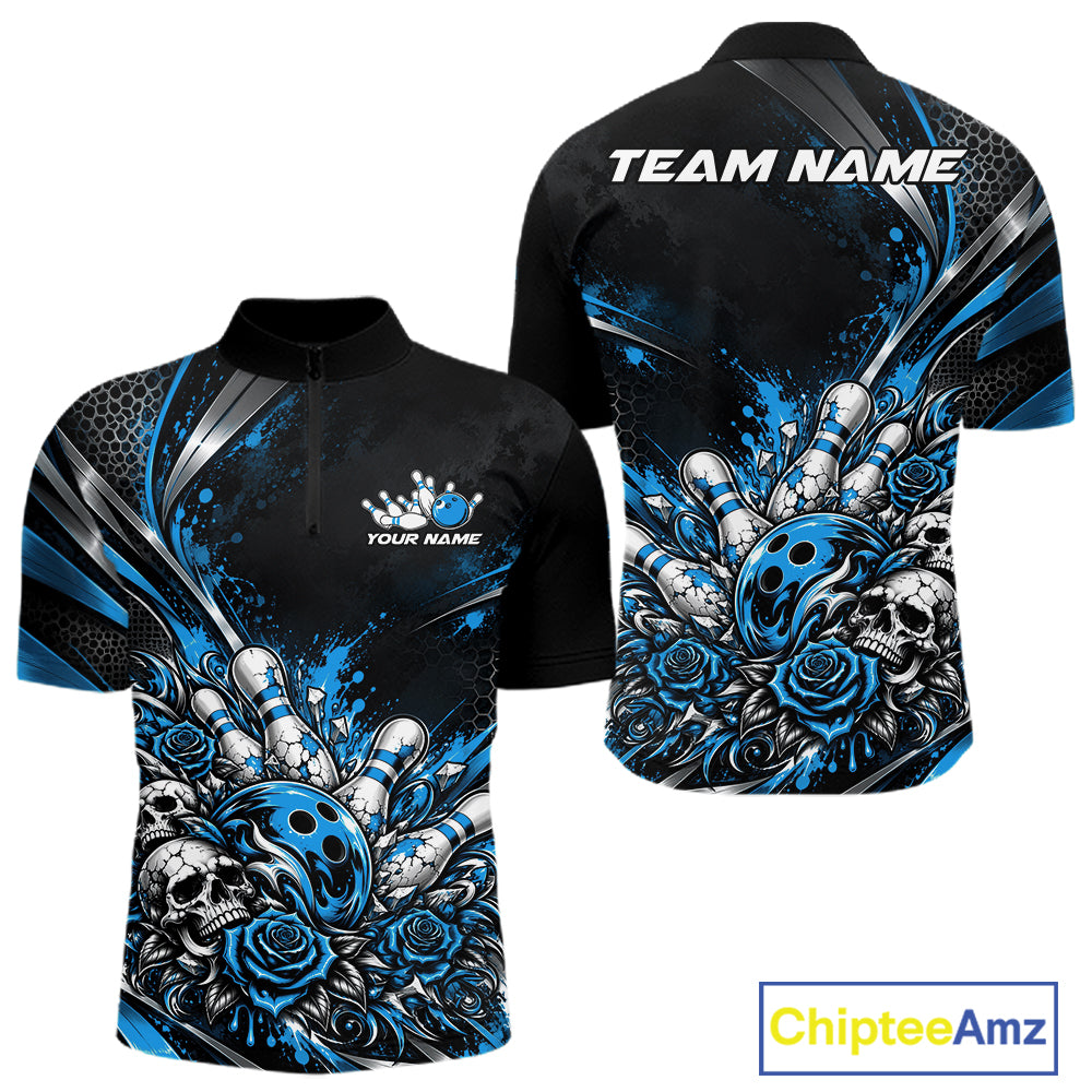 Custom Black Blue Skull And Roses Bowling Team Men Quarter Zip Shirt, Bowling League Jersey IPHW12849