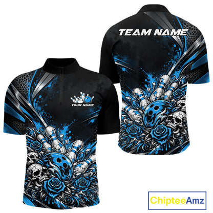 Custom Black Blue Skull And Roses Bowling Team Men Quarter Zip Shirt, Bowling League Jersey IPHW12849