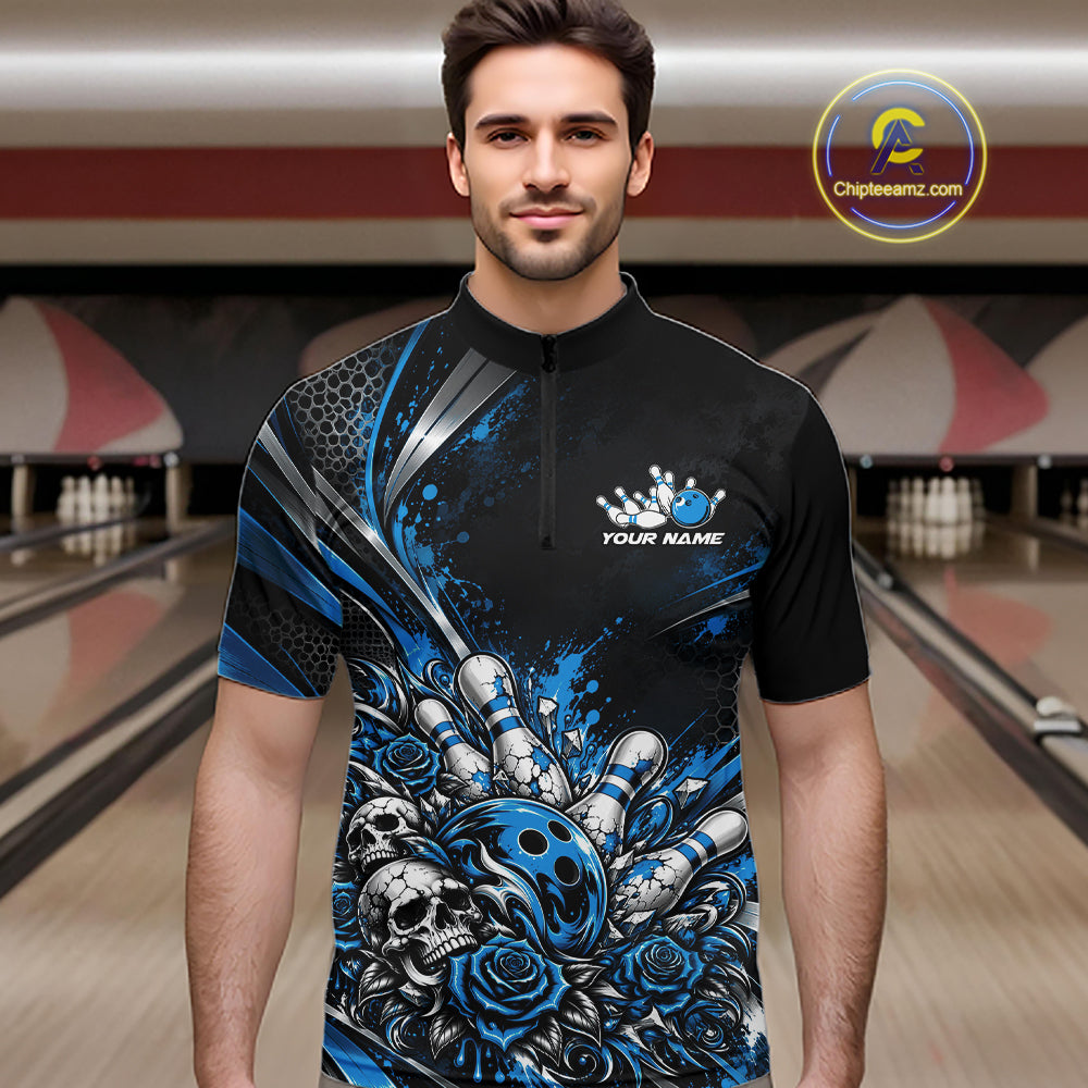 Custom Black Blue Skull And Roses Bowling Team Men Quarter Zip Shirt, Bowling League Jersey IPHW12849