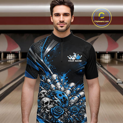 Custom Black Blue Skull And Roses Bowling Team Men Quarter Zip Shirt, Bowling League Jersey IPHW12849