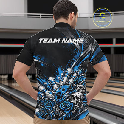 Custom Black Blue Skull And Roses Bowling Team Men Quarter Zip Shirt, Bowling League Jersey IPHW12849