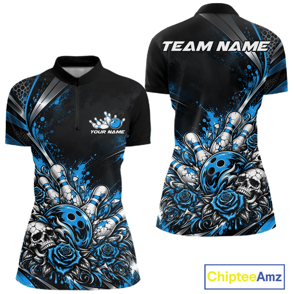 Custom Black Blue Skull And Roses Bowling Team Women Quarter-Zip Shirt, Bowling Jersey IPHW12849