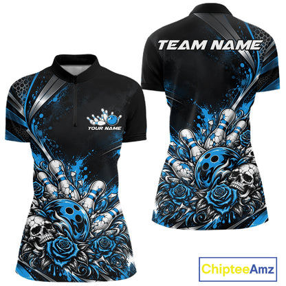 Custom Black Blue Skull And Roses Bowling Team Women Quarter-Zip Shirt, Bowling Jersey IPHW12849