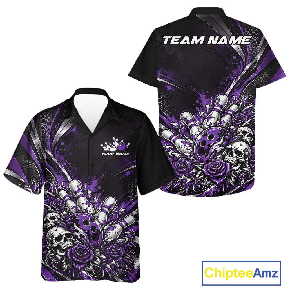 Custom Black Purple Skull And Roses Bowling Team Men And Women Button Up Shirt, Bowling League Jersey IPHW12850