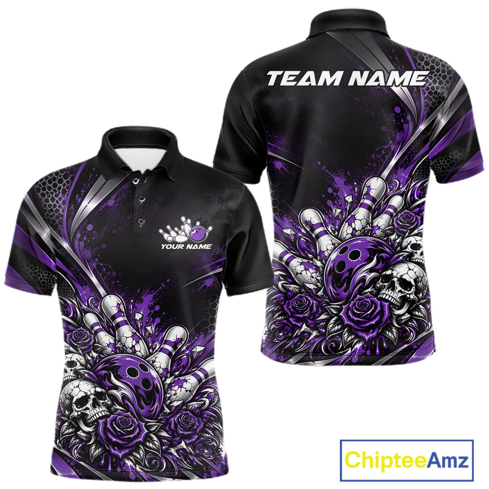 Custom Black Purple Skull And Roses Bowling Team Men Polo Shirt, Bowling League Jersey IPHW12850