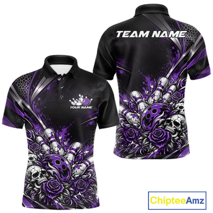 Custom Black Purple Skull And Roses Bowling Team Men Polo Shirt, Bowling League Jersey IPHW12850