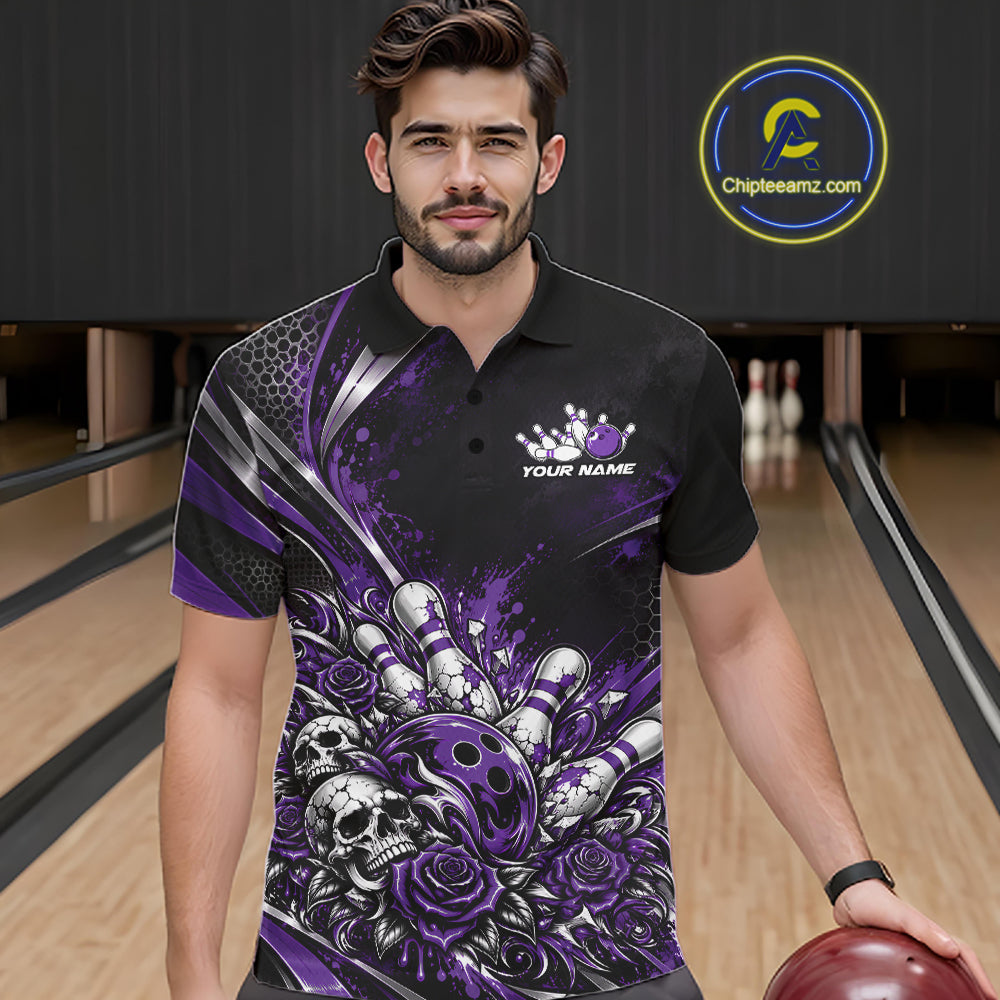 Custom Black Purple Skull And Roses Bowling Team Men Polo Shirt, Bowling League Jersey IPHW12850