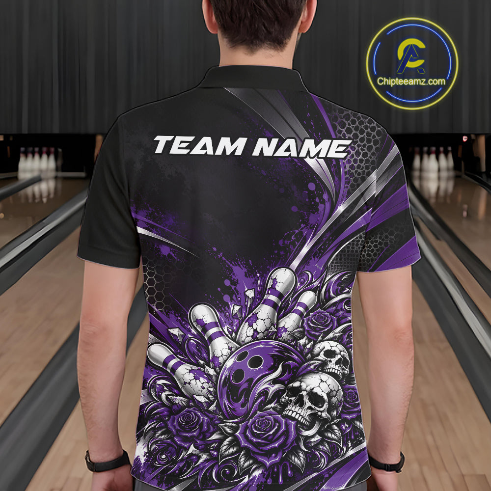 Custom Black Purple Skull And Roses Bowling Team Men Polo Shirt, Bowling League Jersey IPHW12850