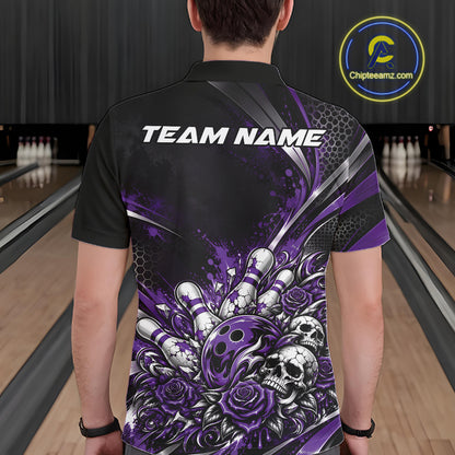 Custom Black Purple Skull And Roses Bowling Team Men Polo Shirt, Bowling League Jersey IPHW12850