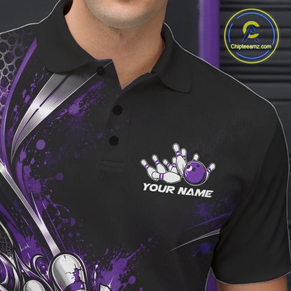 Custom Black Purple Skull And Roses Bowling Team Men Polo Shirt, Bowling League Jersey IPHW12850