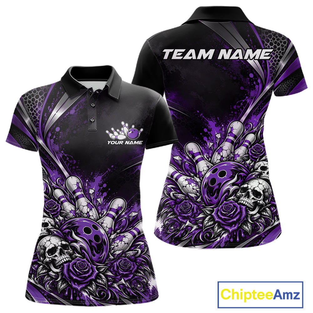 Custom Black Purple Skull And Roses Bowling Team Women Polo Shirt, Bowling League Jersey IPHW12850