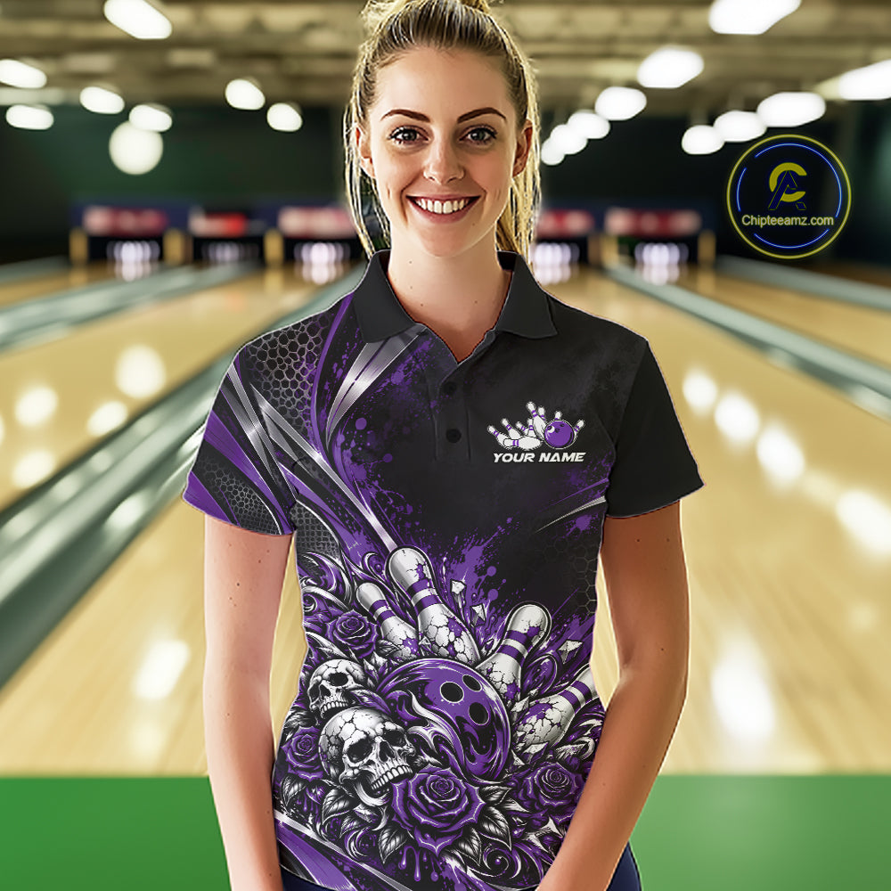 Custom Black Purple Skull And Roses Bowling Team Women Polo Shirt, Bowling League Jersey IPHW12850