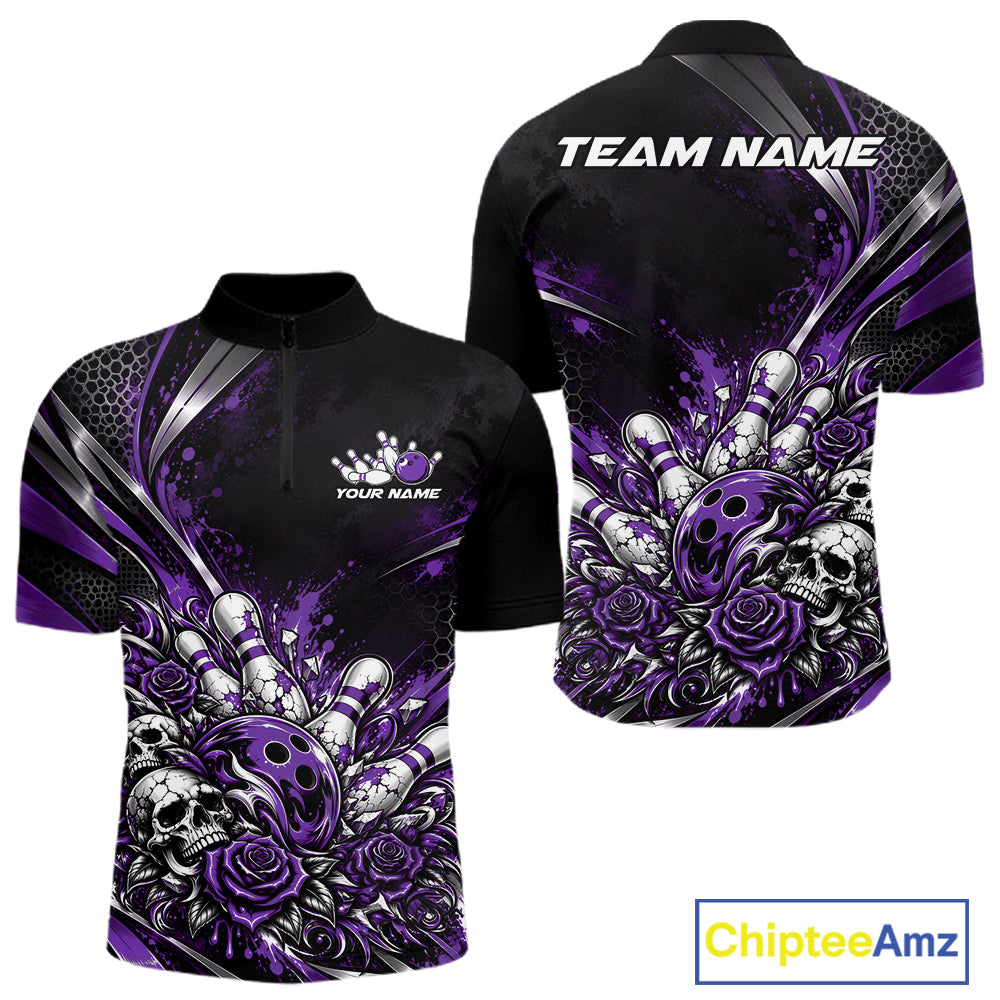 Custom Black Purple Skull And Roses Bowling Team Men Quarter Zip Shirt, Bowling League Jersey IPHW12850