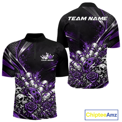 Custom Black Purple Skull And Roses Bowling Team Men Quarter Zip Shirt, Bowling League Jersey IPHW12850