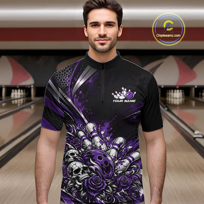 Custom Black Purple Skull And Roses Bowling Team Men Quarter Zip Shirt, Bowling League Jersey IPHW12850